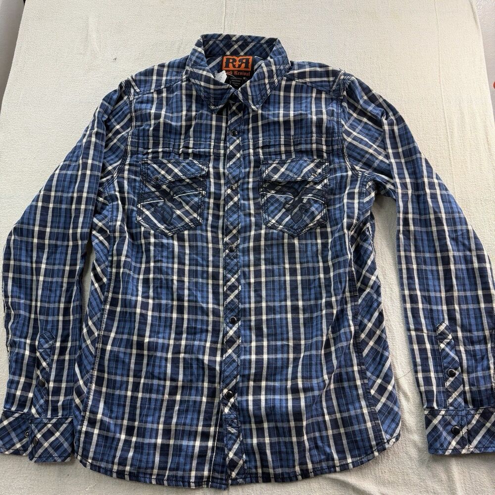 NWT Rock Revival Plaid Size L Snap Up Long Sleeve Blue Black Men's MSRP $94